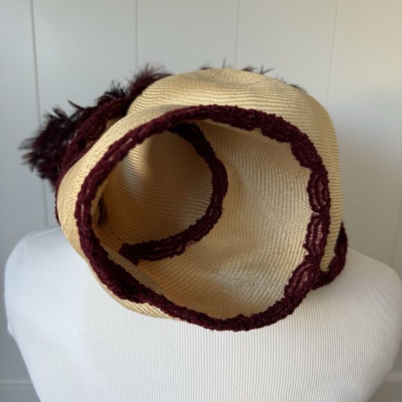 VTG 50s 60s Derby Hat Handmade Straw Feathers Crochet Whimsigoth Boho Cottage - Picture 13 of 13